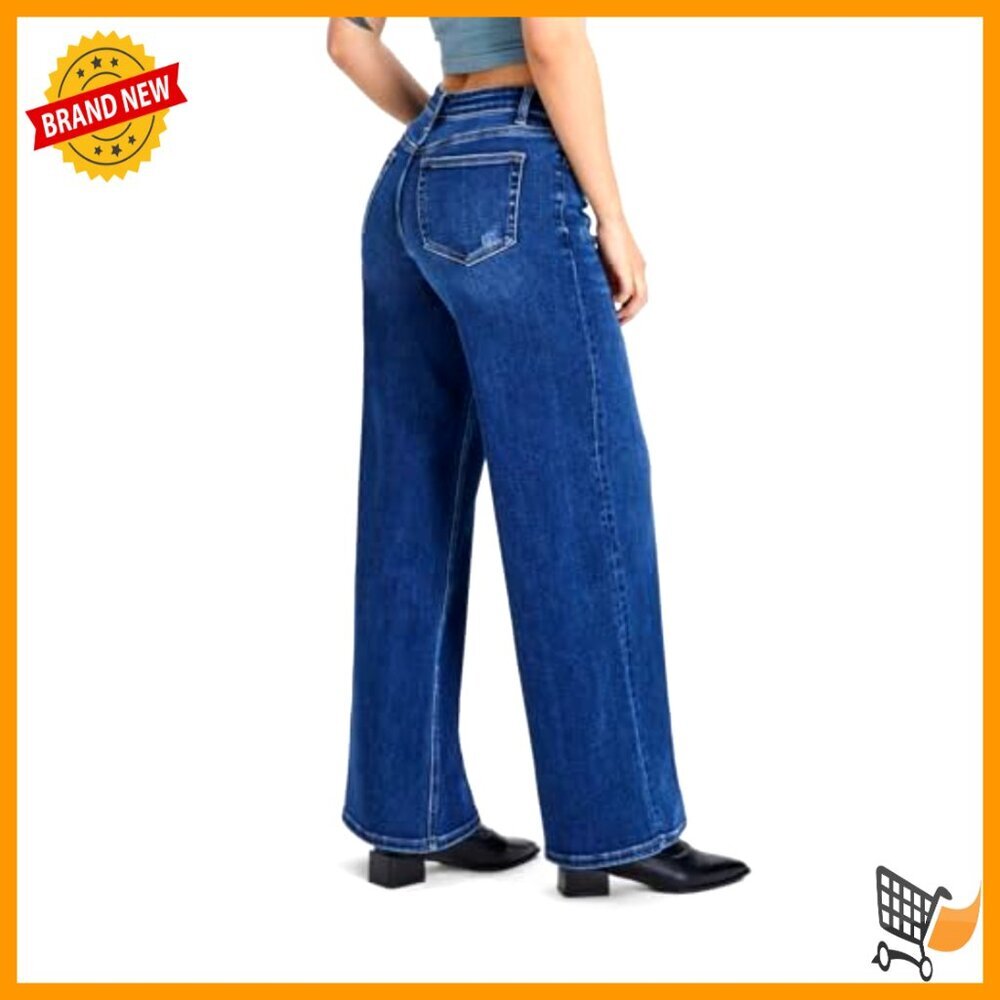 Wide Leg Baggy Jeans Mid Low Rise Stretchy Denim Women's Pants - Picture 4 of 7
